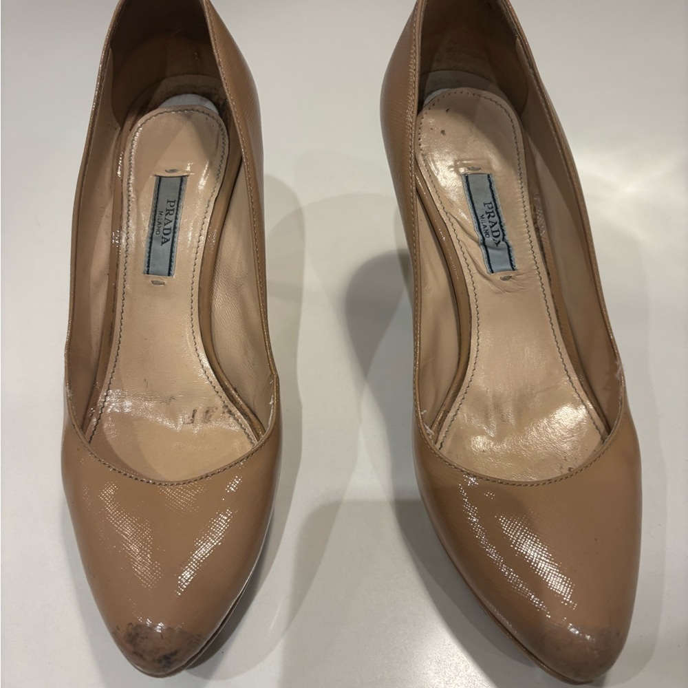 Prada Tan Patent Leather Platform Stiletto Heels